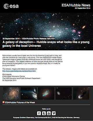 ESA/Hubble Photo Release heic1421 - A galaxy of deception — Hubble snaps what looks like a young galaxy in the local Universe